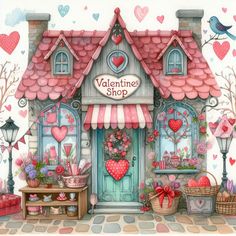 a watercolor painting of a valentine's shop with lots of hearts and flowers