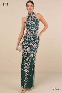 There will be no end to the compliments you receive when you're wearing the Lulus Infinite Praise Emerald 3D Floral Embroidered Halter Maxi Dress! This stunning dress has an airy mesh fabrication that boasts an array of floral embroidery and floral applique details, some of which have a 3D effect a the edges. Halter neckline has loop-button closures at the back, atop a princess-seamed, backless bodice. High, fitted waist sits atop a figure-skimming column skirt that finishes with an elegant maxi hem. Kick pleat at back allows for effortless movement. Hidden back zipper/clasp. Fit: This garment fits true to size. Length: Floor length. Size medium measures 61.5" from top to bottom. Bust: Great for any cup size. Waist: Fitted - very fitted at natural waist. Hip: Fitted - consider sizing up fo Green Floral Embroidered Dress For Gala, Green Floral Embroidery Dress For Gala, Spring Party Maxi Dress With Intricate Embroidery, Spring Maxi Dress With Intricate Embroidery For Party, Floral Print Maxi Embroidered Dress For Party, Floral Print Embroidered Maxi Dress For Party, Fitted Green Embroidered Maxi Dress, Green Embroidered Dress For Party With Intricate Details, Fitted Embroidered Green Maxi Dress