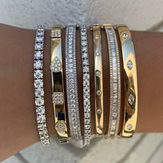 Diamond Bracelet Stack, Big Bracelets, Wrist Stack, Stacked Bracelets, Diamond Bangle Bracelet, Diamond Bangles, Diamond Bangles Bracelet, Bangles Jewelry Designs