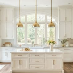 Cabinets In Breakfast Area, Over Window Kitchen Lighting, Off White Farmhouse Kitchen, Lighted Cabinets In Kitchen, Arched Window In Kitchen, White Kitchen Renovation Ideas, Modern Kitchen With Color, Natural Light Kitchen Ideas, Light Farmhouse Kitchen