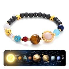 PRICES MAY VARY. The Solar System Bracelet Attracts Positive Energy from the Whole Universe Length: 18 - 28cm / 7” - 11'' (Adjustable) Synthetic Stone Material: Amethyst,Lapis Lazuli,Red Agate,Amber,Tiger Eye,Yellow King Stone; Colorful Beads Correspond to Different Planet Gender: Unisex, Women and Men. Great Gift for Wedding, Anniversary, Valentine's Day, Christmas, Mother's Day, etc The Bracelet Comes with a Luxury Velvet Gift Bag, Ready for Gifting 
Mixed Synthetic Gemstones Bracelet - Solar Astronomy Jewelry, Nine Planets, Solar System Bracelet, Gift For Wedding Anniversary, Whole Universe, Jewelry Post, The Solar System, Bracelet Gemstone, Bracelets Jewelry