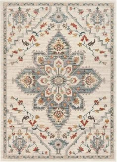 a rug with an ornate design on the front and back side, in beige tones