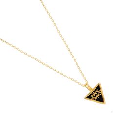 Embrace spiritual protection with the Minimalist Black Onyx & Gold Triangle Pendant Evil Eye Talisman Necklace, crafted to shield you from negative energies.  This elegant pendant features a black onyx triangle, beautifully adorned with a gold evil eye talisman, and is set in 18k gold-plated sterling silver.  The luxurious gold vermeil chain perfectly complements the pendant, making this minimalist yet meaningful necklace a stylish addition to your everyday wear. Details 18K gold plated on sterling silver Black Onyx Necklace length 18" and 2'' extender Pendant height 0. 7'' Pendant width 0. 5'' Avoid contact with chemicals, makeup, parfume. Do not use dips or abrasive cleaners on necklace. To clean and brighten it up your necklace, wipe them gently with jewelry polishing cloth. Meaningful Necklace, Pendant Making, Gold Triangle, Talisman Necklace, September Birthstone Jewelry, Black Minimalist, Black Onyx Necklace, August Birthstone Jewelry, July Birthstone Jewelry