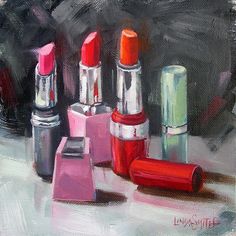 an oil painting of lipsticks on a table