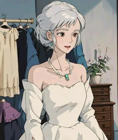 an anime character sitting on a chair in front of a dresser with clothes hanging up