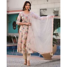 Cream colored suit is prettified with floral printed work on neck as shown which makes it appear classy. This top is made of mulmul cotton fabric which is accompanied with pure cotton bottom and organza dupatta. Women can buy this suit to wear for their parties, festive, functions and events. Note:- The actual product may differ slightly in color and design from the one illustrated in the images when compared with computer or mobile screen. Size Chart Size: Semi Stitched/Unstitched can be altere Cream Colored Suit, Cotton Anarkali, Anarkali Salwar, Silk Art, Mobile Screen, Organza Dupatta, Anarkali Suits, Cotton Bottoms, Chiffon Saree