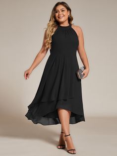 Flowy Plus Size Halter Neck Chiffon Midi Wedding Guest Dress #color_Black Midi Wedding Guest Dress, Umgee Dress, Cute Wedding Dress, Guest Attire, Chiffon Midi Dress, Wedding Attire Guest, Affordable Dresses, Guest Dress, Women Wedding Guest Dresses