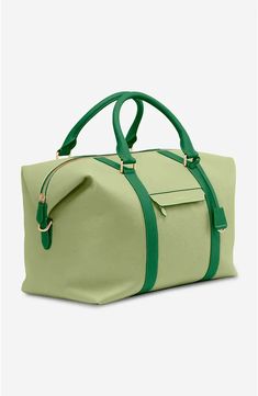 MAISON de SABRÉ Leather Duffle Bag | Nordstrom Business Luggage With Luggage Sleeve In Coated Canvas, Luxury Luggage For Overnight Trips With Top Carry Handle, Green Weekender Bag With Leather Handles For Travel, Modern Travel Bag With Leather Trim For Business Trips, Elegant Duffle Bag For Weekend Trips, Luxury Luggage With Top Carry Handle For Trips, Functional On-the-go Luggage With Leather Trim, Elegant Luggage For Weekend Trips, Elegant Duffle Bag With Luggage Sleeve For Trip