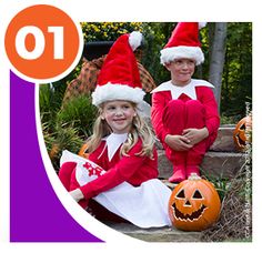 there are two children dressed up as santa and the girl is holding a jack - o'- lantern