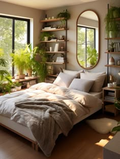 a large bed sitting in a bedroom next to a window filled with potted plants