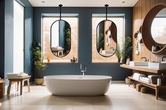 a bathroom with two round mirrors on the wall and a bathtub in the middle