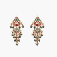 Yamira Gold Plated Kempu Jadau Earrings Jadau Earrings, Peacock Motifs, Ethnic Outfits, Custom Earrings, Gold Polish, Green Bead, Indian Jewelry, Gold Plating, Pearl White