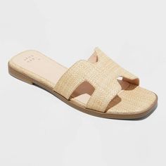 Women's Nina Slide Sandals - A New Day™ Trendy Beach Slides With Woven Sole, Spring Outing Slip-on Flip Flops, Spring Slip-on Flip Flops For Outings, Beige Slide Slippers For Spring, Trendy Beige Slippers For Spring, Casual Flat Summer Slippers, Synthetic Footbed Sandals For Day Out, Comfortable Spring Flip Flops With Woven Sole, Comfortable Flip Flops With Woven Sole For Spring