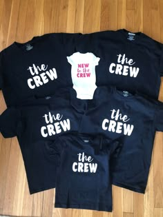 "\"The Crew\" Matching Family Shirts are perfect for welcoming the newest addition to your family. They make a great baby shower or baby sprinkle gift. Can be used for baby announcements and gender reveals! Can be made in any size and color. They are fully customizable so if you would like to alter the phrases or add something else, just ask! Include preferences in \"Message to Seller\" section when placing order. *Please message me for shipping adjustment if Etsy charges you shipping for EACH s Family Baby Shower Shirts, Black Family Matching T-shirt For Gender Reveal, Matching Custom Print Tops For Gender Reveal, Custom Print Tops For Gender Reveal, Matching Short Sleeve T-shirt For Family Events, Funny Black Tops For Gender Reveal, Customizable Cotton Crew T-shirt, Black Custom Print Top For Gender Reveal, Customizable Cotton T-shirt For Gender Reveal