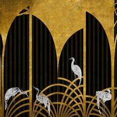 two birds are standing in the middle of an art deco scene with black and gold stripes