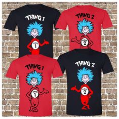 three t - shirts that say thing 2 and the cat in the hat with blue hair