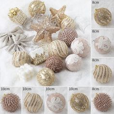 different types of christmas ornaments are shown in this collage, including balls and pine cones