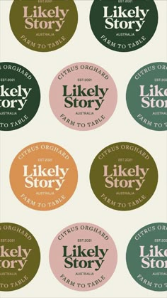 six different labels with the words likey story on them