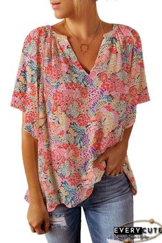 Multicolor Notch V Neck Gorgeous Floral Blouse, Women Tops,Blouses & Shirts Chic Floral Print Top With Split Neck, Patterned Flowy V-neck Blouse, Summer Split Neck Pink Blouse, Chic Multicolor Print V-neck Blouse, Flowy Split Neck Summer Tops, Multicolor Floral Print V-neck Blouse, Multicolor Floral Print V-neck Top, Vacation Floral Print Blouse With Split Neck, Vacation Split Neck Blouse With Floral Print