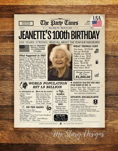 an old newspaper with the words jeanette's 100th birthday on it and a photo of