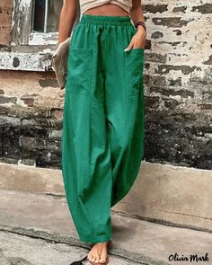 Olivia Mark - Slim Fit Casual Harem Pants with Pocket Design Shein Shopping, African Print Pants, Elegant Pants, Outfit Reference, Drop Crotch Pants, Harem Pants Women, Pink Olive, Casual Bottoms, Vintage Trousers