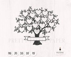 a tree with lots of hearts on it and a ribbon around the branches that says pretty paper