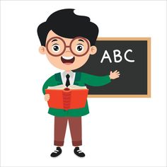 a boy is standing in front of a blackboard with an abc written on it