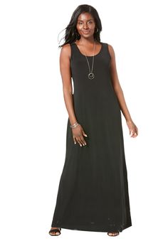 A gorgeous pullover maxi dress with modern asymmetrical details. Made of stretch jersey knit that drapes beautifully, keeps its smooth shape wash after wash, and packs without wrinkling. A-line fit for a flattering silhouette57" long ends just below the anklePerfectly proportioned scoop neckSleeveless with set-in armholes and bra-friendly strapsPolyester/spandexMachine washImported Plus size maxi dresses in sizes 12, 14, 16, 18, 20, 22, 24, 26, 28  Fit and Fashion Notes:This maxi dress is figure Maxi Dress Collection, Knit Tank Dress, Tank Maxi Dress, Knit Maxi Dress, Maxi Dress Black, Sleeveless Knit, Plus Size Maxi, Maxi Tank Dress, Maxi Knit Dress