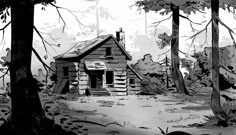 black and white drawing of a cabin in the woods