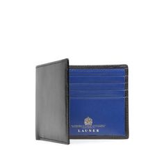 Launer Eight Credit Card Wallet, Black/Royal BlueOne of their most popular designs, the eight-card pocket wallet by Launer is a staple accessory of any well-dressed man. Crafted by hand in England using only the finest Italian calfskin leathers, this wallet fits eight credit cards and nearly $10,000 in cash. Remarkably thin, the leather is hand-skived to ensure a thin, comfortable profile.While we do not stock this piece, we do offer a bespoke service. Select the piece as-is, or select from rich Royal Blue Interior, Launer London, Blue Leather Wallet, Credit Card Wallet, Pocket Wallet, Blue Interior, Well Dressed Men, Classic Outfits, Embossed Logo