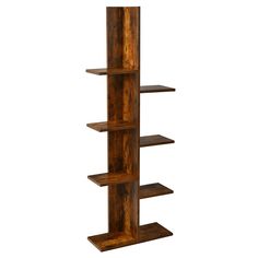 a tall wooden shelf with three shelves on each side