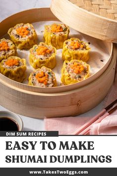 dim sumi dumplings in a bamboo steamer with text overlay