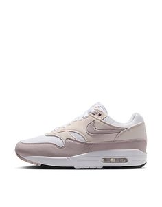 Nike Air Max 1 sneakers in white and pink | ASOS White Custom Sneakers For Light Sports With Translucent Outsole, White Custom Sneakers With Translucent Outsole For Light Sports, Athleisure White Sneakers With Air Max Cushioning, Nike White Sneakers For Light Sports, Nike White Custom Athleisure Sneakers, Nike White Custom Sneakers For Athleisure, Nike High-top Athleisure Sneakers With Cushioned Footbed, Nike High-top Sneakers With Cushioned Footbed For Athleisure, White Sporty Sneakers With Translucent Outsole