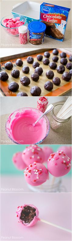 there are three different pictures of doughnuts on the table with pink icing and sprinkles