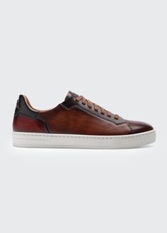 Magnanni Men's Burnished Leather Low-Top Sneakers - Bergdorf Goodman Classic Custom Sneakers In Calf Leather For Business, Classic Custom Sneakers With Calf Leather And Leather Sole, Luxury Sneakers With White Sole And Leather Lining, Luxury Brown Sneakers With Leather Sole, Luxury Wingtip Sneakers With Rubber Sole, Sneakers With Leather Lining And Plain Toe, Brown Calf Leather Sneakers With Leather Sole, Formal Lace-up Sneakers With Leather Lining, Luxury Calf Leather Sneakers With Stitched Sole