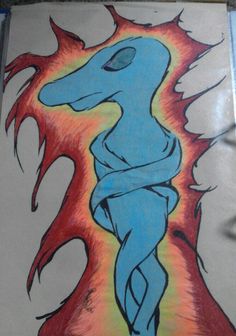 a drawing of a woman standing in front of a fire breathing dragon with red, orange and blue colors