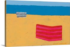 a painting of a beach scene with a red towel and blue sky in the background