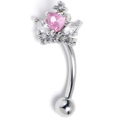 Product Details16 Gauge 5/16 Pink Clear Gem Crown Heart Curved Eyebrow Ring Crown your piercings in style with this elegant 16 gauge eyebrow jewelry. It is made with an 8mm durable 316L surgical grade stainless steel curved barbell with a 3mm bottom ball end. The top end features a crown charm, composed of clear gems for a truly regal look. The center of the crown features a heart shaped pink gem for added style and you can even wear it in multiple piercings including eyebrow, rook, and some dai Eyebrow Jewelry Gems, Pink Eyebrow Piercing, Elegant Silver Body Jewelry For Valentine's Day, Cute Eyebrow Piercing Jewelry, Central Labret, Eyebrow Piercing Jewelry, Body Jewerly, Curved Eyebrows, Daith Piercings