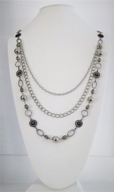 Silver Round Beaded Metal Necklace, Metal Beaded Chain Necklace, Silver Necklaces With Polished Beads, Silver Metal Beaded Necklaces With Round Beads, Silver Long Beaded Necklace With Polished Beads, Silver Polished Beaded Long Necklace, Elegant Silver Metal Bead Necklace, Silver Long Beaded Necklace, Silver Polished Long Beaded Necklace