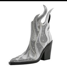 Silver Rhinestone Cowgirl Boots Sparkly Pointed Toe Block Heel Mid-Calf Short Ankle Booties Back Zipper Low Heel Composition: 100% Polyurethane Upper Material: Pu Leather Lining Material: Pu Leather Insole Material: Linen Outsole Material: Pu Leather Flame Boots, Femme Fatale Aesthetic, Cowboy Design, Nashville Hot, Boho Festival Fashion, African Art Paintings, 파티 드레스, Rhinestone Heels, Point Shoes