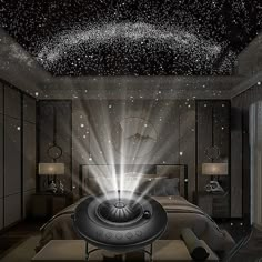 an image of a bedroom with stars falling from the ceiling and lights shining down on the bed