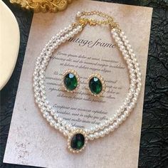 Bride Pearl Necklace, Pearl Necklace And Earring Set, Multi Strand Pearl Necklace, Emerald Stud Earrings, Inexpensive Jewelry, Necklace Emerald, Pearl Necklace Vintage, Emerald Earrings Studs