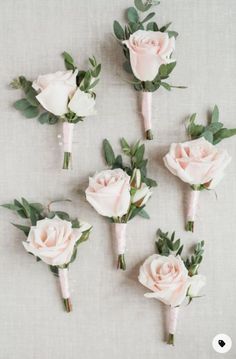 six pink roses and greenery arranged on a white surface