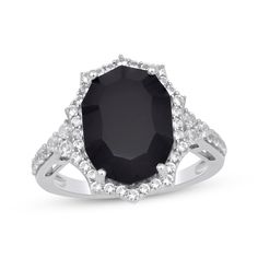 With its unique shape, this striking ring is black-tie ready. Sterling silver A 10-sided faceted black onyx centerpiece draws the eye Round-cut white lab-created sapphires decorate the scalloped frame, sides and shank Formal Black Spinel Jewelry With Diamond Accents, Elegant Black Spinel Ring For Formal Occasions, Black Diamond Ring With Accent Stones For Formal Occasions, Formal Black Diamond Ring With Accent Stones, Formal Black Spinel Ring Jewelry, Black Jewelry With Halo Setting For Formal Occasions, Formal Black Spinel Fine Jewelry, Classic Black Spinel Ring For Formal Occasions, Classic Formal Black Spinel Rings