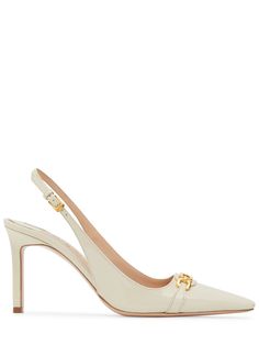 85mm Heel. Patent leather upper. Adjustable slingback strap with buckle closure. Gold-colored metal detail. Pointed toe. Leather lining and insole. Leather sole Versace Brand, Metal Detail, Slingbacks, Slingback Pump, Heeled Loafers, Manolo Blahnik, Wedge Shoes, Tom Ford, Shoes Women Heels