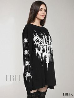 Ebeek - Womens Plus Size Gothic T-shirt: Spider Print Long Sleeve Round Neck Oversized T-shirt with Slight Stretch Fall Graphic Print Drop Shoulder T-shirt, Fall Drop Shoulder T-shirt With Graphic Print, Oversized Long Sleeve Alternative Style Tops, Alternative Style Oversized Long Sleeve Tops, Oversized Long Sleeve Tops In Alternative Style, Fall Graphic Print Drop Shoulder Top, Edgy Oversized Tops For Halloween, Alternative Fall Crew Neck T-shirt, Alternative Style Crew Neck T-shirt For Fall