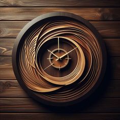 a clock made out of wood on top of a wooden table next to a wall