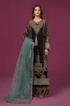 Georgette Salwar Suit, Black Dupatta, Organza Suits, Pakistani Designer Suits, Eid Dresses, Maria B, Georgette Fabric, Salwar Suit, Embroidery Fashion