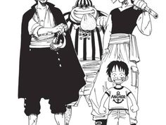 one piece and his family are standing next to each other