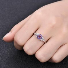 Amethyst Ring February Birthstone Amethyst Engagement Ring | Etsy Purple Diamond Ring With Gemstone Accents For Anniversary, Amethyst Birthstone Ring With Accent Stones For Promise, Amethyst Ring With Cubic Zirconia Accents For Anniversary, Amethyst Crystal Promise Ring With Gemstone, Amethyst Gemstone Birthstone Ring For Promise, Purple Gemstone Birthstone Ring With Round Cut, Purple Birthstone Ring With Round Cut Gemstone, Purple Cluster Ring For Anniversary, Purple Cluster Ring For Anniversary - Fine Jewelry